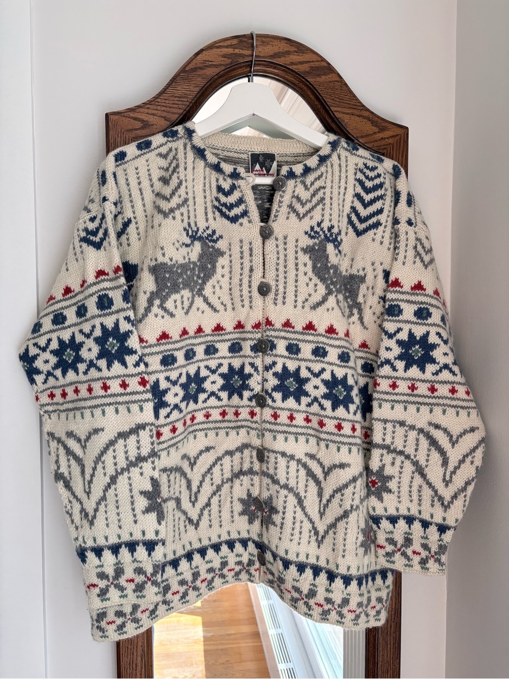 Vintage Dale of Norway Cream Nordic Reindeer Knit Cardigan Wool Sweater